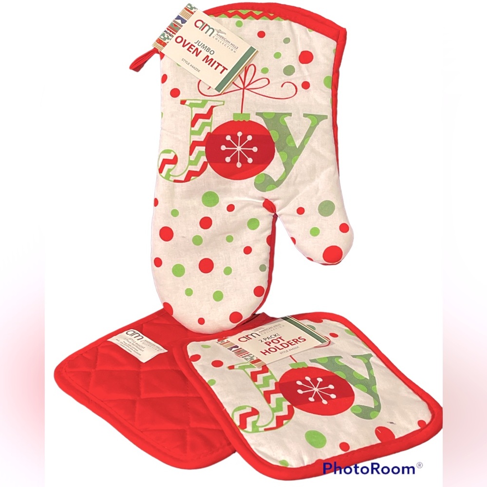 3 Pcs~Joy Ornament Kitchen Sets  1~Oven Mitts & 2~Pot holders